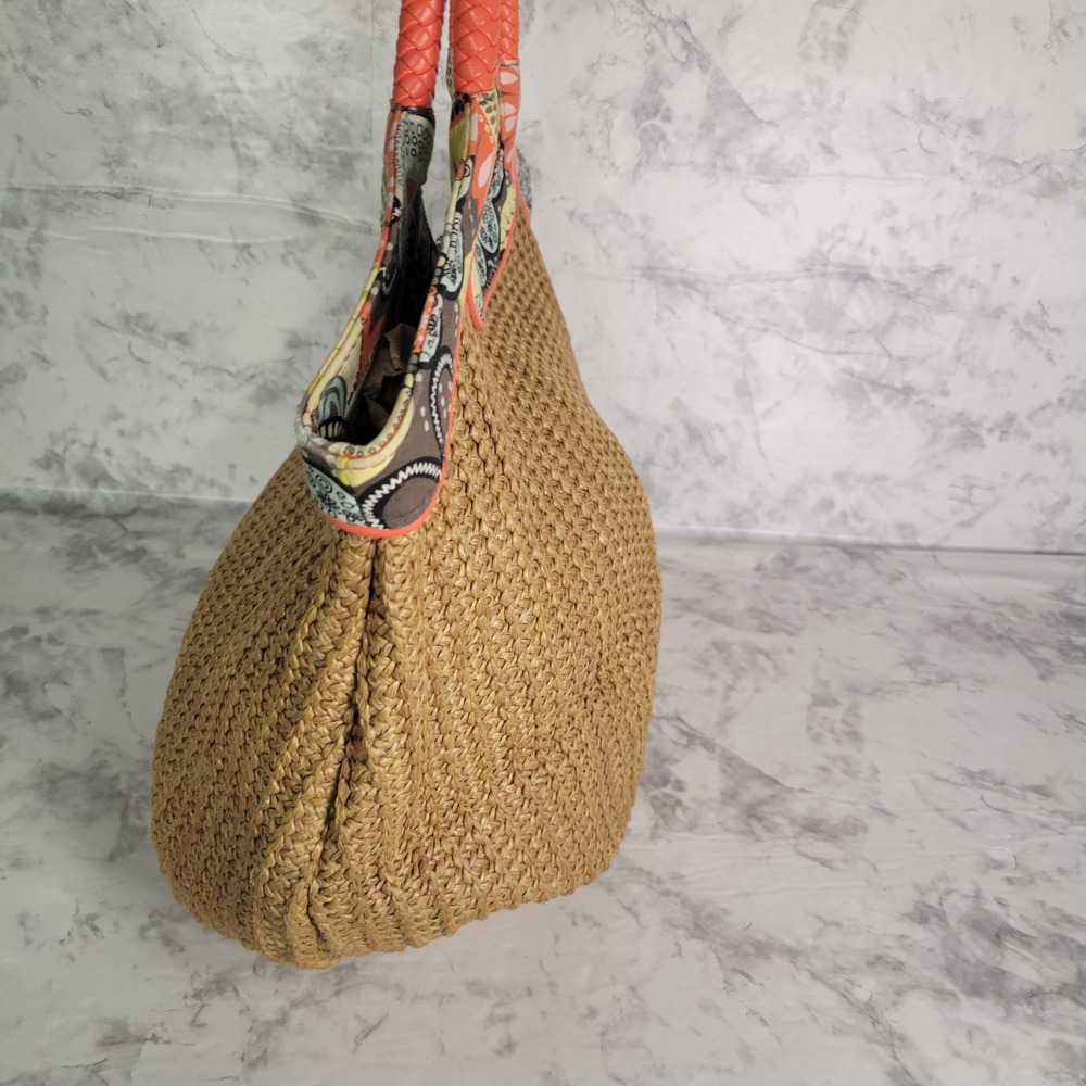 Vera Bradley Straw Tote Bag Tan Woven Floral Trim Orange Braided Handles Boho - Picture 4 of 12